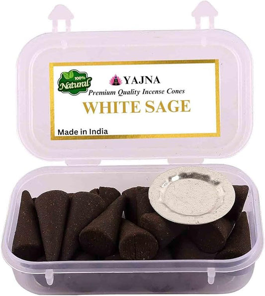 Yajna White Sage 100%-Natural-Incense-Cones Handmade-Hand-Dipped Organic-Chemicals-Free for-Purification-Relaxation-Positivity-Yoga-Meditation The-Best-scents (20 Count)