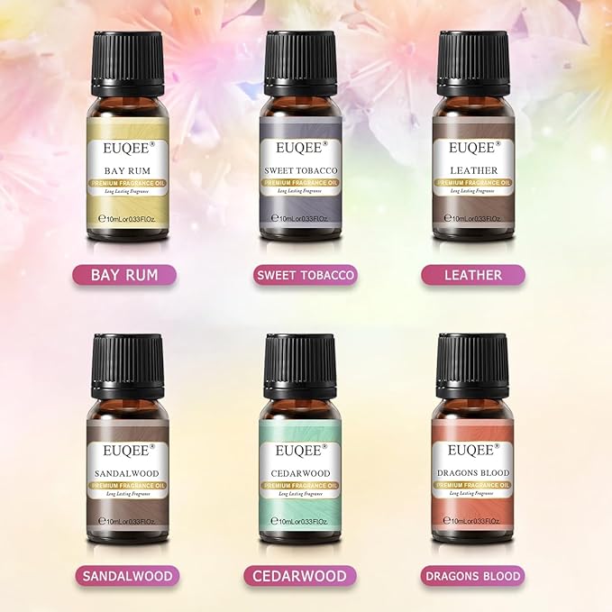 EUQEE 6PCS Fragrance Oils for Men, Men's Pubs Gift Set Premium Fragrance Oils -10ml-Leather, Sweet Tobacco(New Name-Honeyed Haze), Dragons Blood, Sandalwood, Bay Rum, Cedarwood (Men's Pubs)