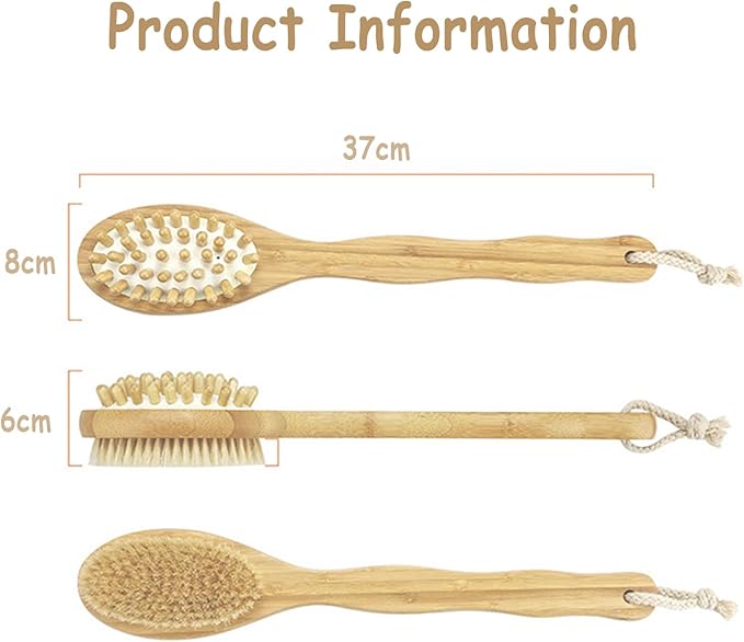 BoAn Dry Brushing Body Brush with Long Handle and Dual Sided,Dry Body Brush for Cellulite and Lymphatic,Bath Brush for Shower Back Scrubber and Cellulite Massager
