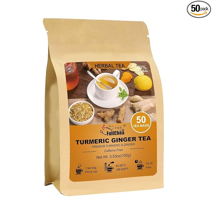 FullChea - Turmeric Ginger Tea Bags, 50 Count, 2g/bag - Premium Turmeric & Ginger- Non-GMO - Caffeine-free - Boost Immunity & Aid Digestion