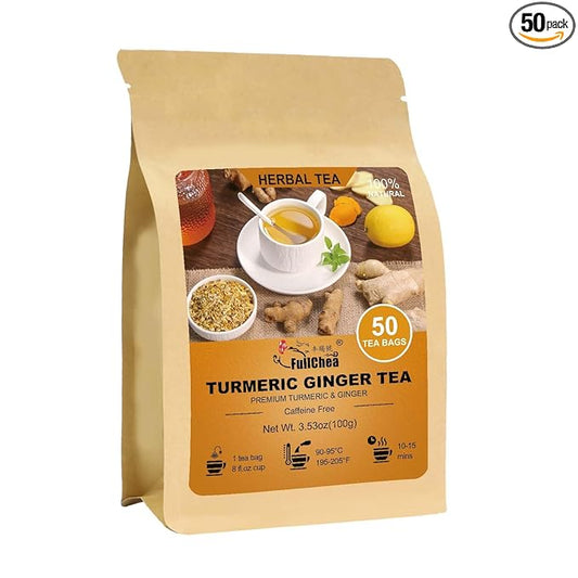 FullChea - Turmeric Ginger Tea Bags, 50 Count, 2g/bag - Premium Turmeric & Ginger- Non-GMO - Caffeine-free - Boost Immunity & Aid Digestion