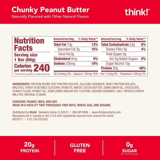 think! Protein Bars, High Protein Snacks, Gluten Free, Kosher Friendly, Chunky Peanut Butter, Nutrition Bars, 2.1 Oz per Bar, 10 Count (Packaging May Vary)