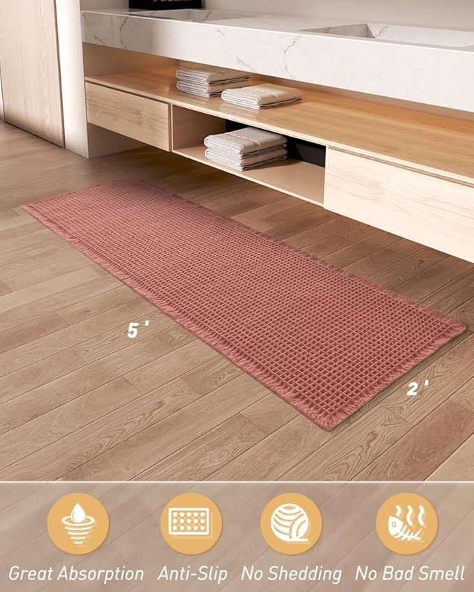 AMOAMI Upgraded Waffle Runner Rug Super Absorbent Non Slip Bath Mats for Bathroom Machine Washable Bathroom Runner Rug with Tassels, Ideal for Hallway Bedroom Laundry Room, Coral, 2'x 5'(24" x 60")