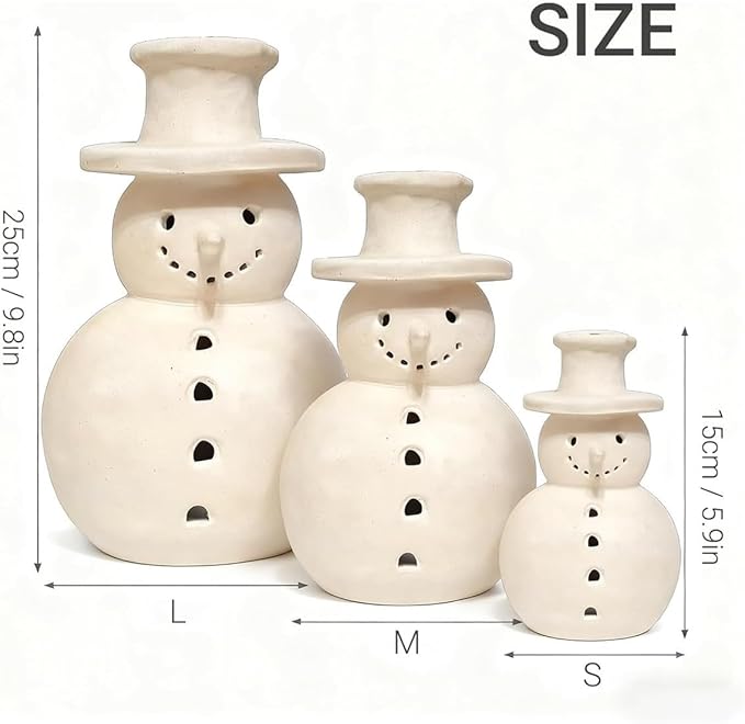 Handmade Terracotta Snowman Decor, White Clay Statue Figurines Snowman, Winter Christmas Decorations Indoor, Unique Style Handcrafted Terra Cotta for Holiday Table Ornaments(M)