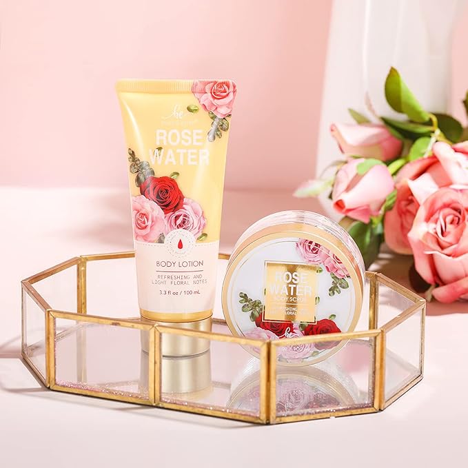 Mothers Day Gifts for Mom, Spa Birthday Gift Baskets for Women Her Wife Girlfriend, with Rose Scented Shower Gel, Body Scrub, Body Lotion, Hand Soap