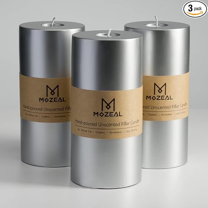 MOZEAL 3" x 6" Hand-Poured Unscented Candle,Dripless Pillar Candle Set of 3,Long Lasting Burning,Approx 120 Hours Burn Time,Rustic Country Style,for Wedding,Dinner,Christmas and Home Decor,Silver