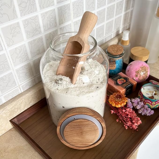 66 oz Bath Salts Glass Jar with Wooden Lid and Scoop,Bathroom Decor Container,Airtight Storage Bathtub Accessories for Women