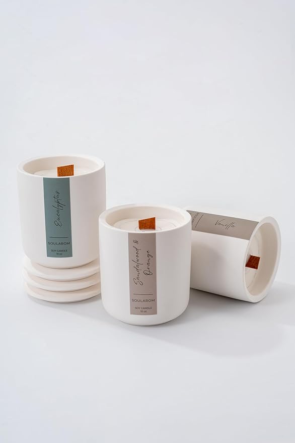 Candles for Home Scented – 10oz Hand Poured Aromatherapy Vanilla Candle Soy Wax Candles in Elegant Ceramic Jar – Crackling Wooden Wick Decorative Candle with 60 Hours Burn Time