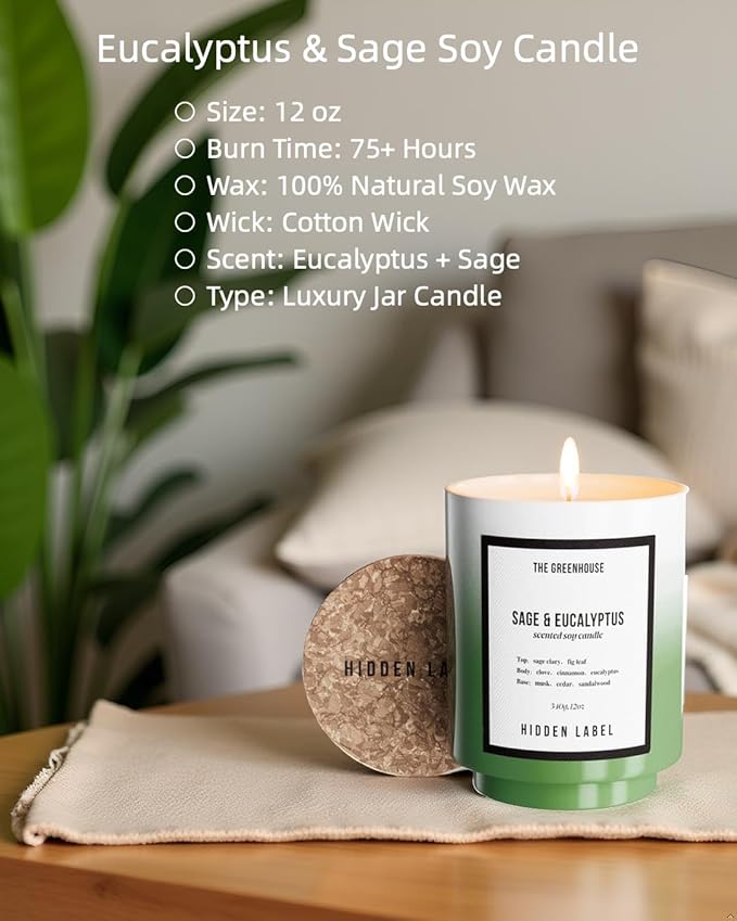 Hidden Label Eucalyptus&Sage Soy Candle, 12oz/75-Hours Burn Time, 100% Natural Candles Non Toxic, Aromatherapy Candle for Home Scented,Women,Stress Relief, Meditation, Yoga & Relaxation