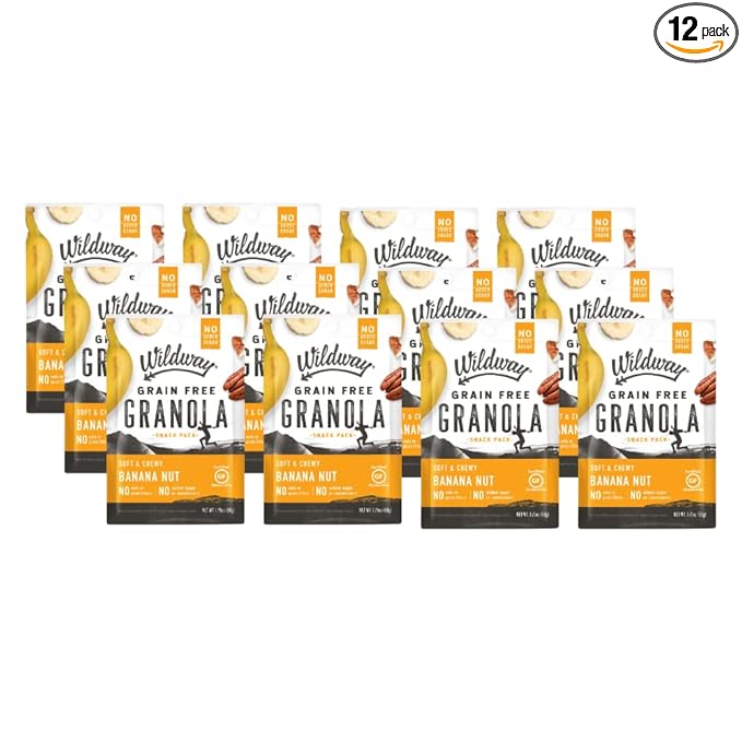Wildway Keto Granola Snack Packs| Banana Nut | Grain-Free Certified Gluten-Free Cereal | Vegan, Low Carb & No Sugar Added | Paleo-Friendly, Non-GMO Fruit & Nut Clusters | Nutrient-Rich Snack | 12 Pack