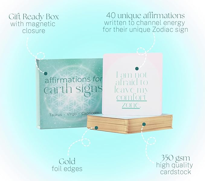 Affirmation Cards for Earth Signs - Gifts for Virgo, Capricorn, Taurus. Inspirational Card Set with 40 Daily Positive Affirmations, Spiritual Self Care, Zodiac Collection