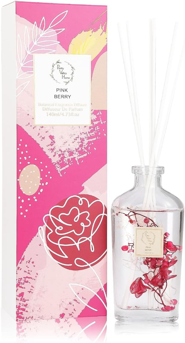 Reed Diffuser Set, Pretty Valley Home Diffuser 140Ml / 4.73 fl OZ Gift Box - Includes Reed Diffuser Sticks, Long Lasting Fragrance Oil and Glass Bottle for Office Living Room Decor (Pink Berry)