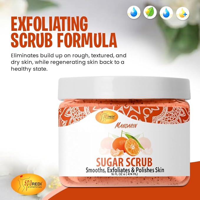 SPA REDI – Sugar Body Scrub, Mandarin, 16 Oz, Exfoliating, Moisturizing, Hydrating and Nourishing, Glow, Polish, Smooth and Fresh Skin - Body Exfoliator