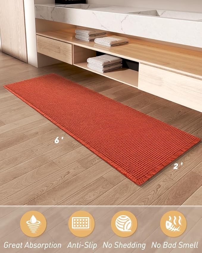 AMOAMI Upgraded Waffle Runner Rug Super Absorbent Non Slip Bath Mats for Bathroom Machine Washable Bathroom Runner Rug with Tassels, Ideal for Hallway Bedroom Laundry Room, 2' x 6', Orange