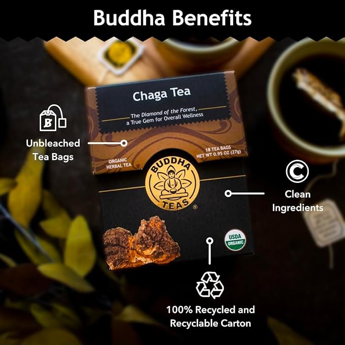 Buddha Teas - Chaga Tea - Organic Herbal Tea - For Cognitive Balance & Overall Health - With Chaga Mushroom, Antioxidants & B Vitamins - Caffeine Free - 100% Kosher & Non-GMO - 18 Tea Bags (Pack of 3)