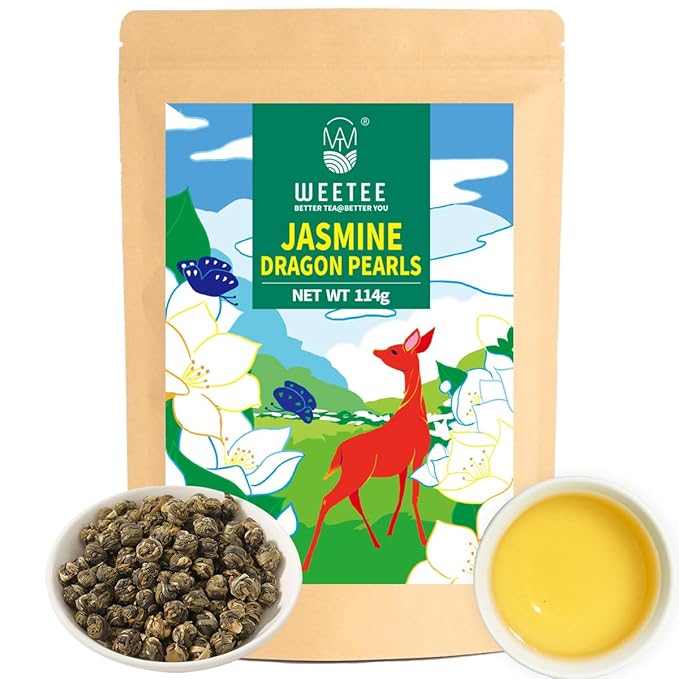 WT WEETEE Jasmine Pearls Tea Loose Leaf, Made of Jasmine Flavor with Green Tea Loose Leaf, Natural Aromatic Dragon Pearl Tea, 4oz/114g