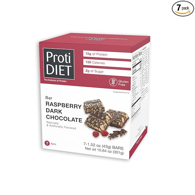 ProtiDIET Dark Chocolate and Raspberry High Protein Bars - Gluten-free, Low Fat and Fiber Enriched Snacks, Protein Bars with Collagen to Aid Overall Health - 7 Square Bars Per Box
