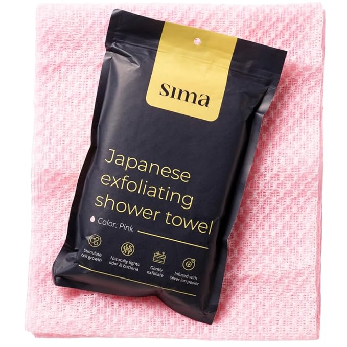 Exfoliating Washcloth Face & Body Scrub Towel - Japanese Exfoliating Towel with Hexagon Fibers, Body Scrubber with 2 Sides for Scrubbing & Washing, Extra Long (Pink, 2 Pack)