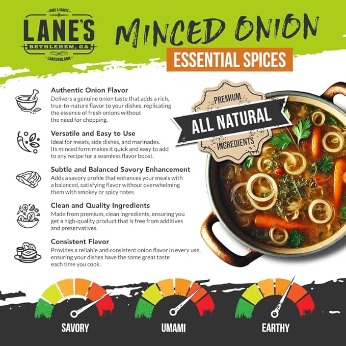 Lane's Minced Onion Flakes, All-Natural Dried Onion Flakes for Cooking Goes Well With Meats, Vegetables, Salads, and Stir-Fries, Made in USA, 8 Oz