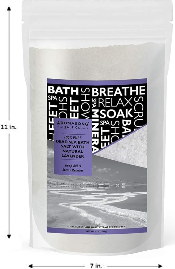 Aromasong Pure Dead Sea Salt for Soaking with 100% Natural Lavender, 5 LB - Spa Bath Salt Fine Grain - Body Wash Scrub - Soak for Women & Men- Bulk Resealable Pack (Packaging May Vary)
