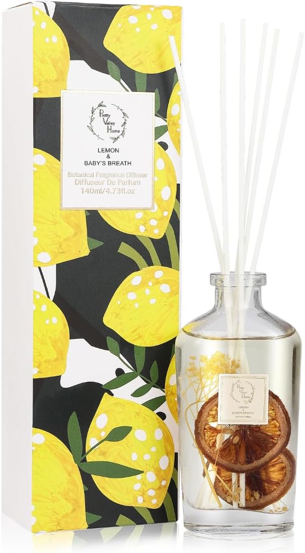 Reed Diffuser Set, Pretty Valley Home Diffuser 140Ml / 4.73 fl OZ Gift Box - Includes Reed Diffuser Sticks, Long Lasting Fragrance Oil and Glass Bottle for Office Living Room Decor (Lemon)
