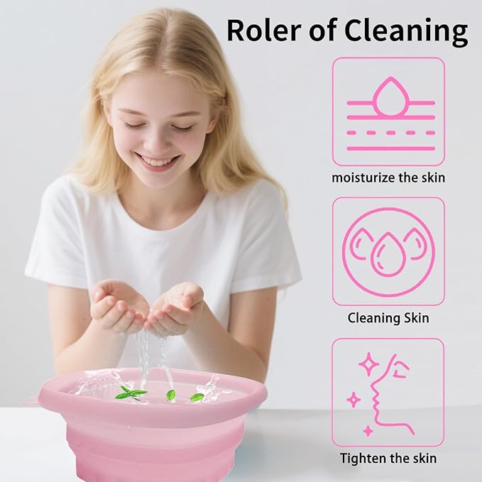 Face Bowl for Ice with Built-in IceTray,Collapsible Silicone Face Ice Bowl – Cold Plunge Therapy for Skin Tightening & Facial Treatment– Portable Spa Tool for Home & Travel(Pink) 