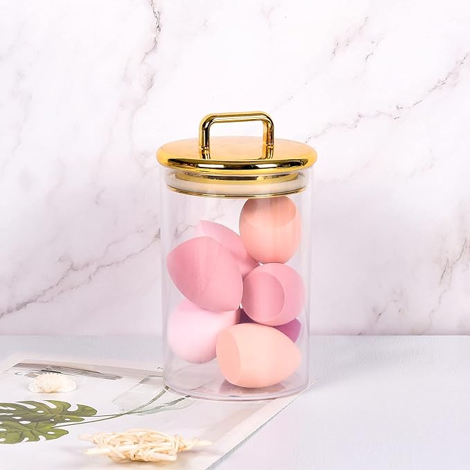 2 Pack 24 oz Medium Acrylic Storage Apothecary Jar with Gold Airtight Lid | Bathroom Vanity Organizer Containers | Ideal Decorative Canisters for Shells, Bath Salt, Grains, Cotton Ball, Flossers