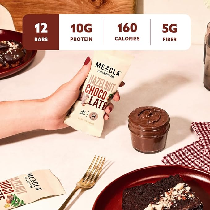 Mezcla Puff Crispy Protein Bars, Gluten Free & Vegan Protein Bars, 10g Protein, Alt for Crispy Rice Treat, Granola Bars & Breakfast Bars, Healthy Snacks for Adults, Hazelnut Chocolate, 12 Pack
