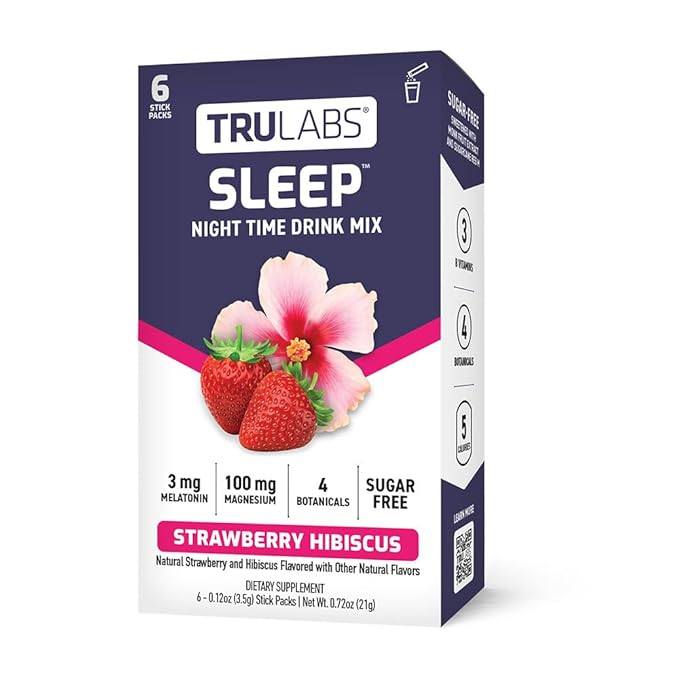 TRULABS Sleep - Strawberry Hibiscus. Sugar Free Sleep Drink. Each Serving Contains: Magnesium, GABA, Passionflower, Valerian Root, Ashwagandha Root & Lemon Balm Leaf Extracts, with 3mg Melatonin (6ct)