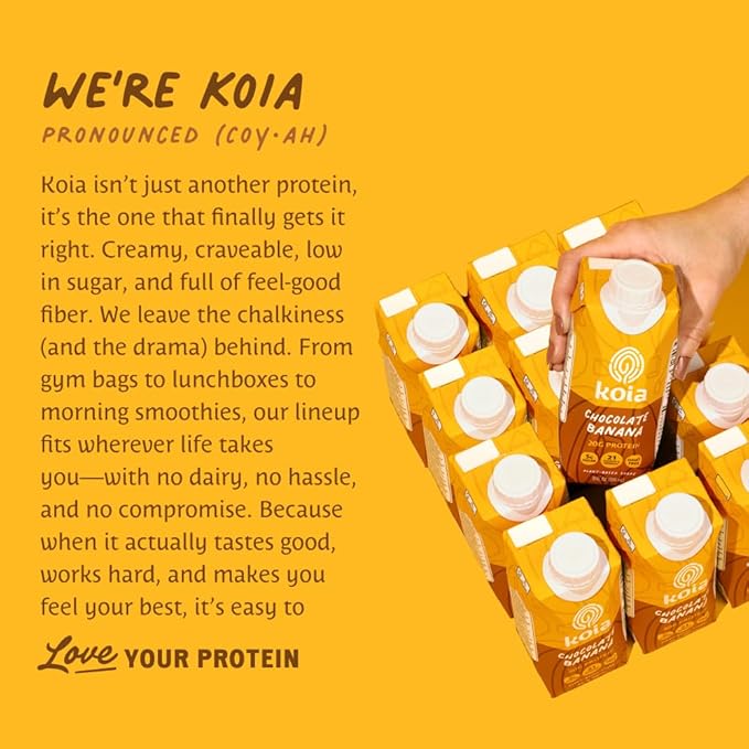 Koia Plant Based Protein Shake, Chocolate Banana, 20g Protein, 5g Sugar, 6g Prebiotic Fiber, 21 Vitamins & Minerals, Meal Replacement Drinks, Dairy-Free, Gluten-Free, Non-GMO, 11 Fl Oz (Pack of 12)