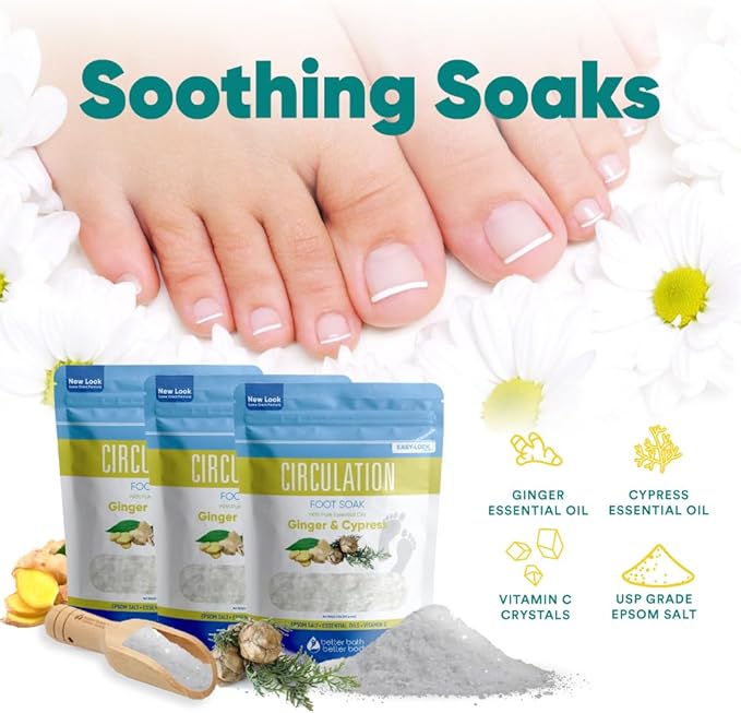 Circulation Foot Soak (3-Pack with Scoop) Foot Soaking Epsom Salts with Pure Essential Oils in BPA Free Pouch with Press-Lock Seal Made in USA, Three 2-Lbs Pouches 6-Lbs Total