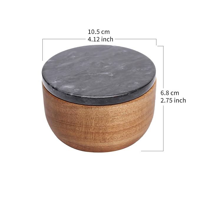 Large Wood Salt Box salt cellar with Spoon Spice Seasonings Keeper Salt Container Solid Natural Acacia Base Black Marble Lid Decorative Box salt keeper Big Capacity Spice Cellar