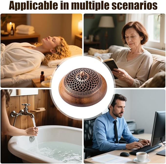 Round Incense Burner - Handcrafted Wooden Censer with Alloy Lid for Sticks/Cones/Sage, Natural Wood Aroma Tray Holder for Yoga Meditation