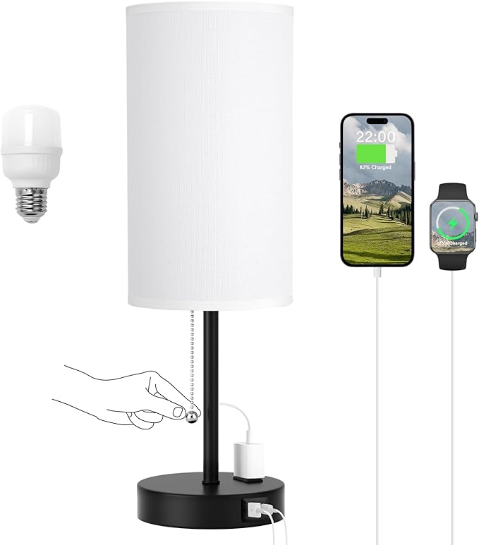 17.4Inches White Bedside Lamp for Bedroom Nightstand - Tall Lamp with USB A + C Charging Port & AC Outlet, 3 Color Temperatures Pull Chain, Side Desk Reading Light for Living Room