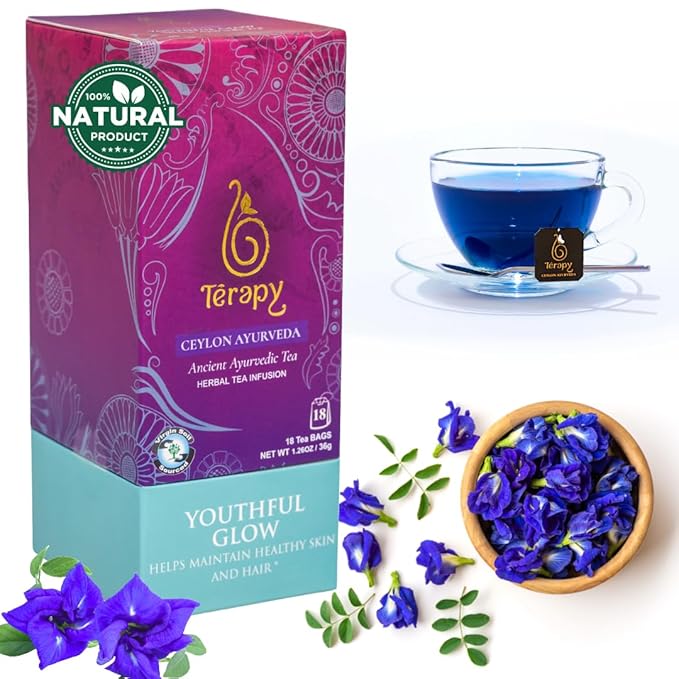 Tรฉrapy Ceylon Youthful Glow Herbal Tea Bags | Helps Maintain Healthy Skin and Hair | 100% Natural Blue Butterfly Peas, Licorice Root, Green Tea & More | Individually Wrapped Organic Tea Bags |18 Count