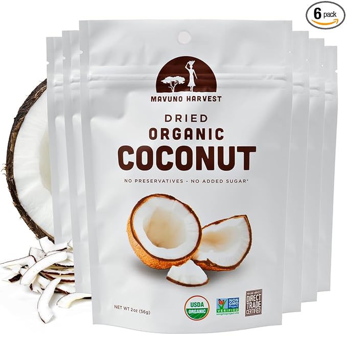 Mavuno Harvest Coconut Chips Dried Fruit Snack | Unsweetened Organic Dried Coconut Strips | Gluten Free Snack | Healthy Snacks for Kids and Adults | Vegan, Non GMO, Direct Trade | 2 Ounce, Pack of 6