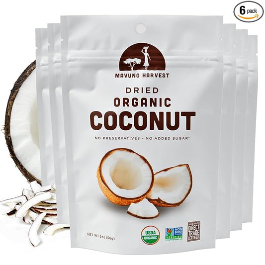 Mavuno Harvest Coconut Chips Dried Fruit Snack | Unsweetened Organic Dried Coconut Strips | Gluten Free Snack | Healthy Snacks for Kids and Adults | Vegan, Non GMO, Direct Trade | 2 Ounce, Pack of 6