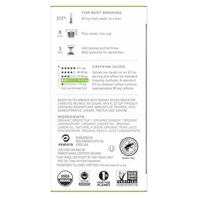 TAZO Organic Green Tea, Green Ginger, Caffeinated Tea, 16 Total Bags