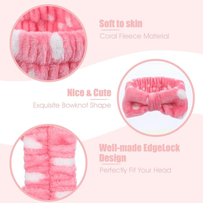Prasacco 24 Pcs Spa Headband for Women, Soft Coral Fleece Headband for Washing Face Cute Skincare Headbands with Bow Elastic Polyester Makeup Headbands for Women Girls