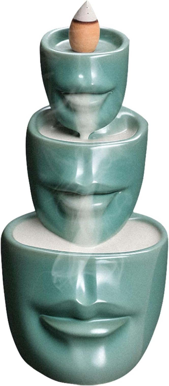 Comeon Backflow Incense Burner Holder, Face Handicraft Decor, Resin Reverse Flow Incense Burner Censer Cone + 20 Backflow Incense Cones 30 Incense Sticks 1 Tweezer 1 Mat (Matte Green)
