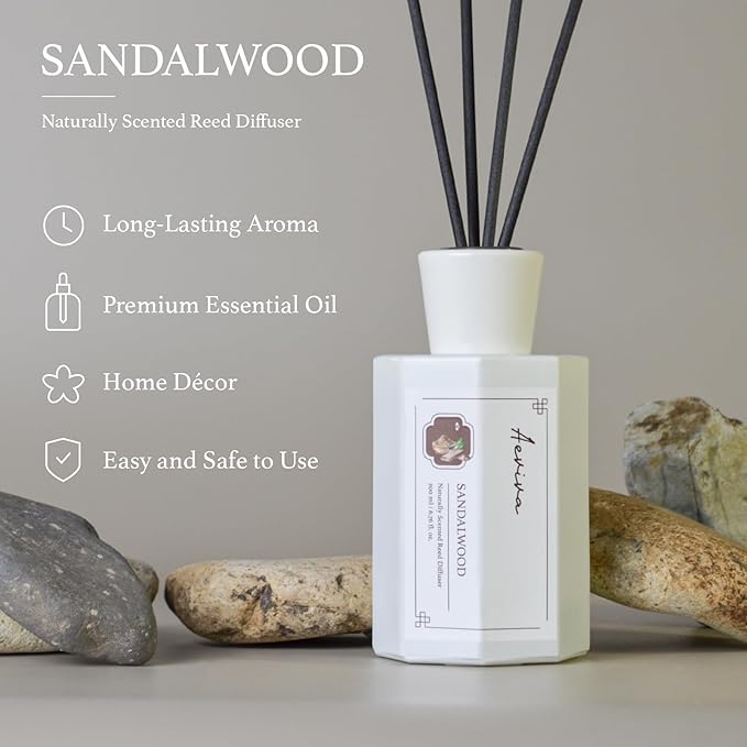 Reed Diffuser Set, Sandalwood Scented Oil Diffuser, 6.76 fl oz (200 ml) Home Fragrance Diffuser with Reed Sticks, Air Fresheners for Home, Bathroom Shelf Decor
