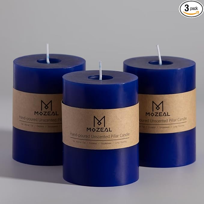 MOZEAL 3" x 4" Hand-Poured Unscented Candle, Dripless Pillar Candle Set of 3, Long Clean Burning, Approx 72 Hours Burn Time, Rustic Country Style, Wedding, Winter, Home Decor, Royal Blue