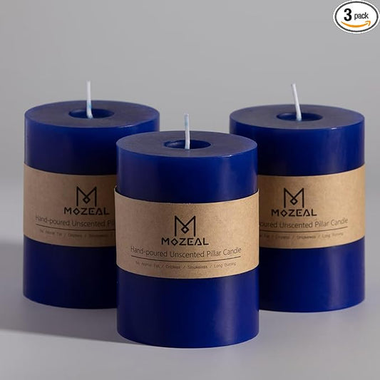 MOZEAL 3" x 4" Hand-Poured Unscented Candle, Dripless Pillar Candle Set of 3, Long Clean Burning, Approx 72 Hours Burn Time, Rustic Country Style, Wedding, Winter, Home Decor, Royal Blue