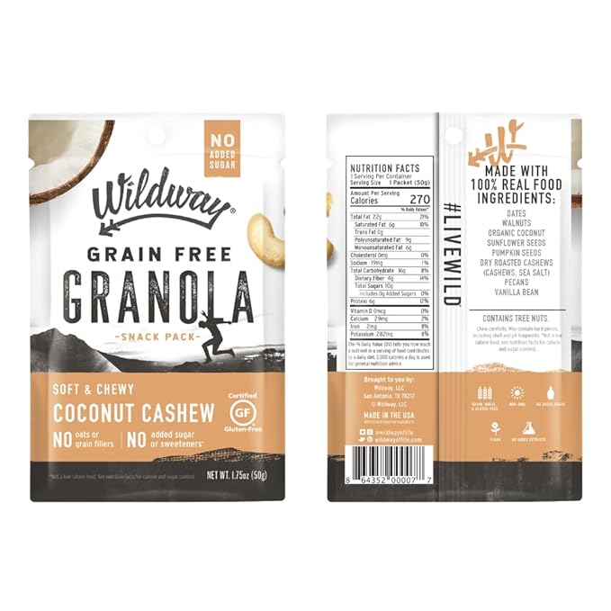 Wildway Keto Granola Snack Packs| Coconut Cashew | Grain-Free Certified Gluten-Free Cereal | Vegan, Low Carb & No Sugar Added | Paleo-Friendly, Non-GMO Fruit & Nut Clusters | Nutrient-Rich | 12 Pack