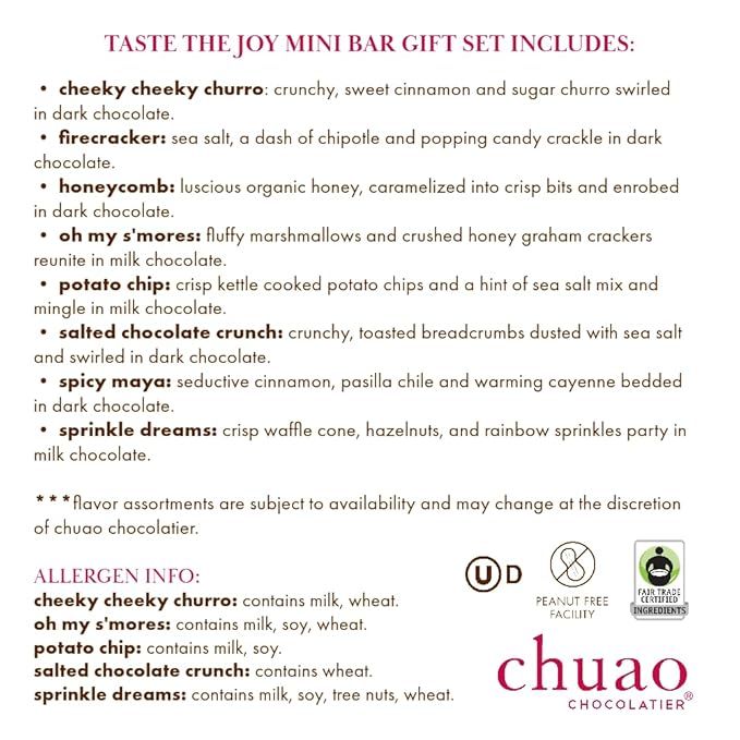Chuao Chocolatier Taste the Joy Assorted Mini Gourmet Chocolate Bars Gift Box | Milk and Dark Chocolate Flavor Variety Sampler For Birthday, Mother’s and Father’s Day, Thank you, Corporate Gift Baskets | 8 Bars