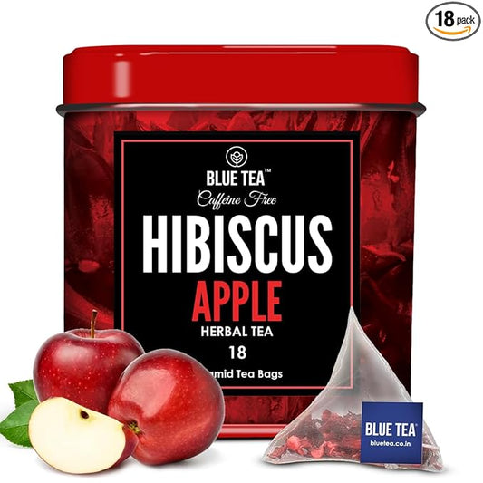 BLUE TEA - Hibiscus Tea - 18 Count - Apple Flavor - Pyramid Plant Based Tea Bag | SKIN GLOW ENHANCING TEA | Herbal Tea - Caffeine Free - Flower Based - Vegan - Non-GMO | Reusable Tin Packaging
