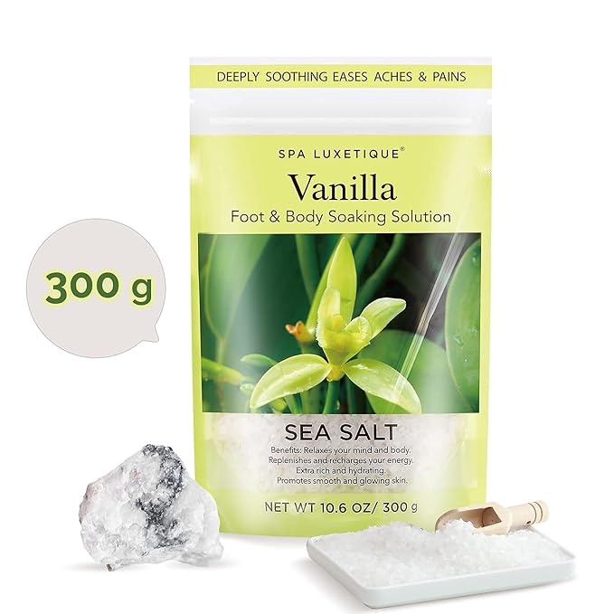 spa luxetique Bath Salts Gift Set 6-Pack, Foot and Body Sea Salts for Soaking, Wooden Scooper, 0.5oz Argan Oil, Bath Salts for Women Relaxing, Mother's Day Gifts for Mom