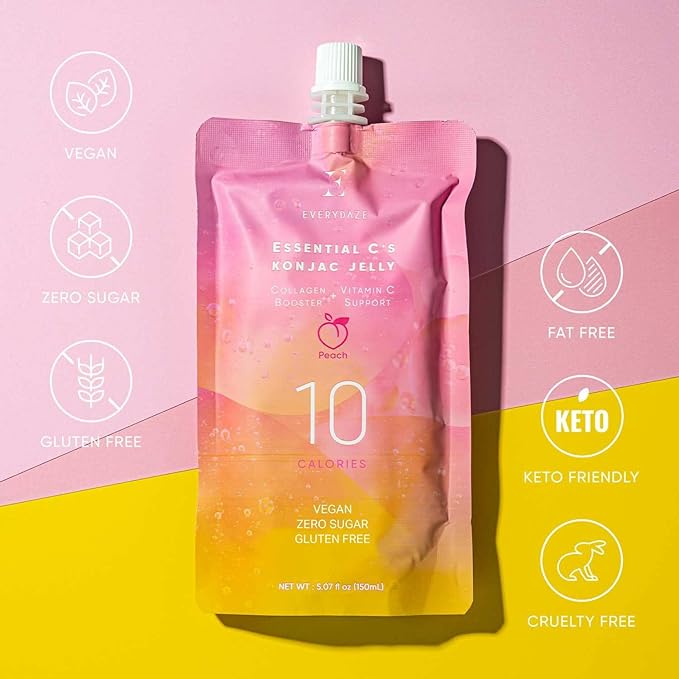 EVERYDAZE Essential C’s Konjac Jelly | Peach | Vegan Collagen Peptides, Gluten Free, Sugar Free, Low Calorie | Healthy Drinkable Fruit Snack | 10 Pack Box Food Drink Pouch