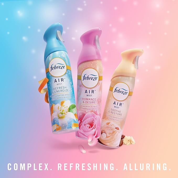 Febreze Air Mist Air Freshener Spray, Odor-Fighting Room Spray for Home and Bathroom and Kitchen, Aerosol Can, Refresh & Energize, Soothe & Restore, Romance & Desire Scent, 8.8oz, 3 Count