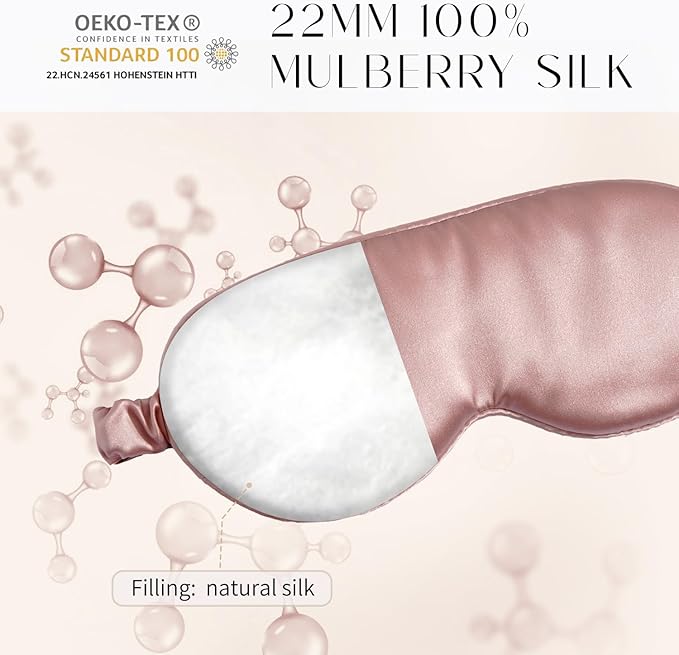 100% 22 Momme Mulberry Silk Sleep Mask, Eye Cover for Sleeping, Blackout 3D Sleep Masks for Lash Extensions with Adjustable Strap for Men and Women (Rose Gold)